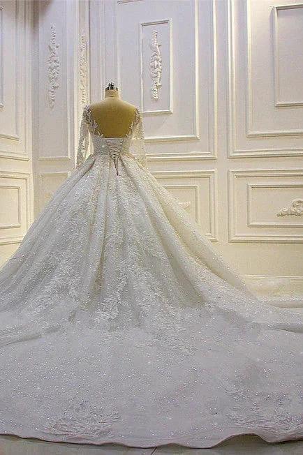 Luxury Long Ball Gown Lace Appliques Wedding Dress with Sleeves (ZD15182)