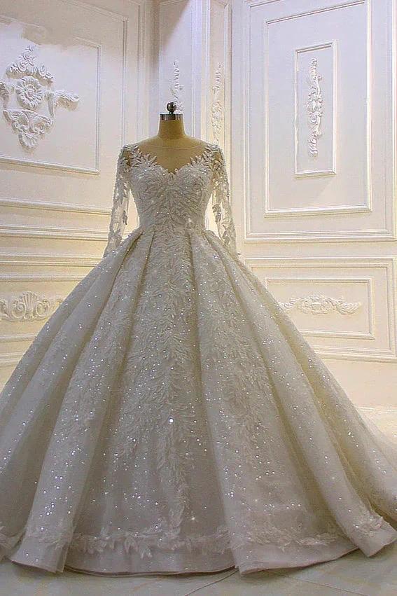 Luxury Long Ball Gown Lace Appliques Wedding Dress with Sleeves (ZD15182)
