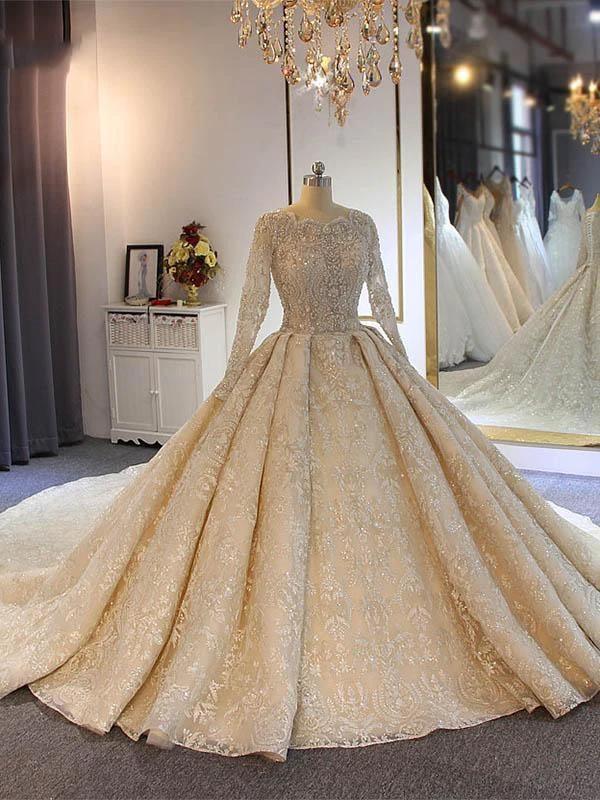 Luxury Long Ball Gown Lace Beading Wedding Dresses with Sleeves (ZD15882)