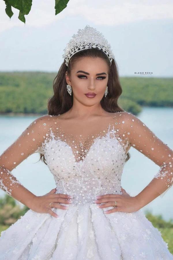 Luxury Long Ball Gown Sweeteart Beads Glitter Wedding Dress with Sleeves (ZD15024) - VelvetHem