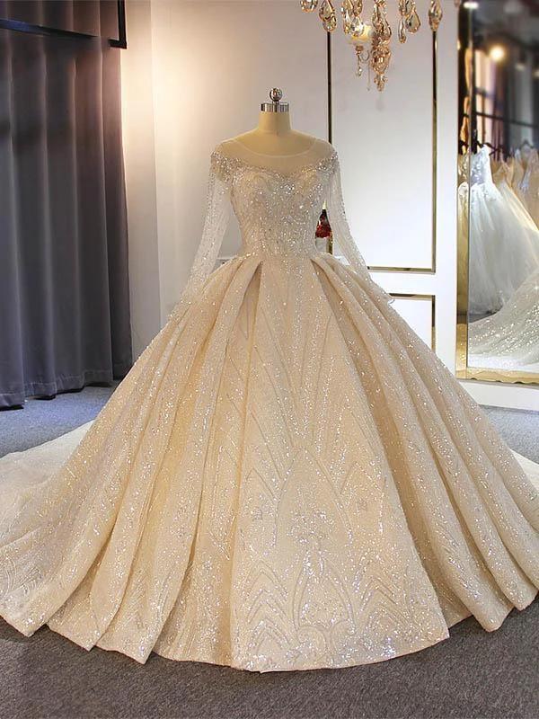 Luxury Long Ball Gown Sweetheart Lace Wedding Dresses with Sleeves (ZD15883) - VelvetHem