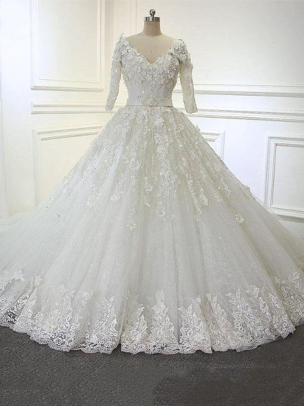 Luxury Long Ball Gown V Neck Lace Wedding Dresses with Sleeves (ZD15902) - VelvetHem