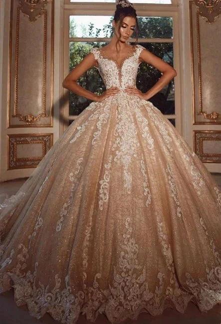 Luxury Long Glitter Wedding Dresses Princess with Lace (ZD16570) - VelvetHem