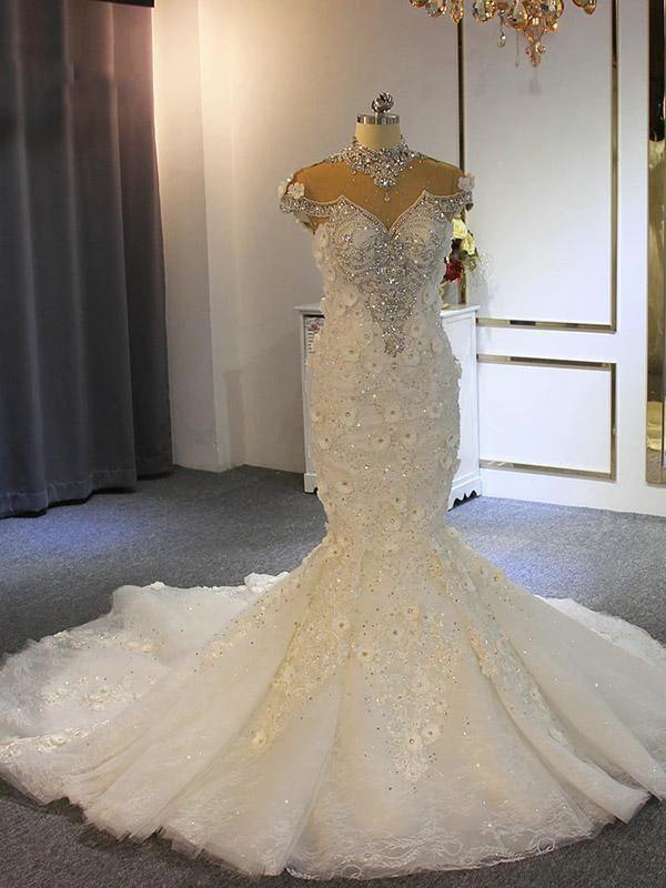 Luxury Long Mermaid Full Beading Lace Tulle Wedding Dresses (ZD15885)