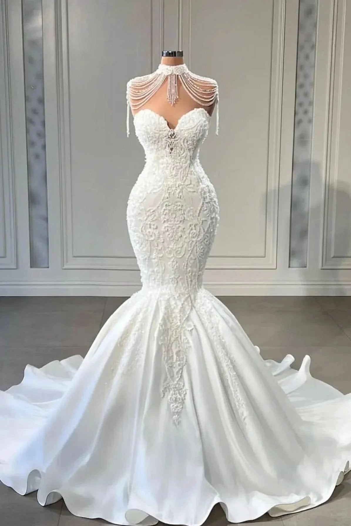 Luxury Long Mermaid Lace Sweetheart Satin Wedding Dress (ZD14354) - VelvetHem
