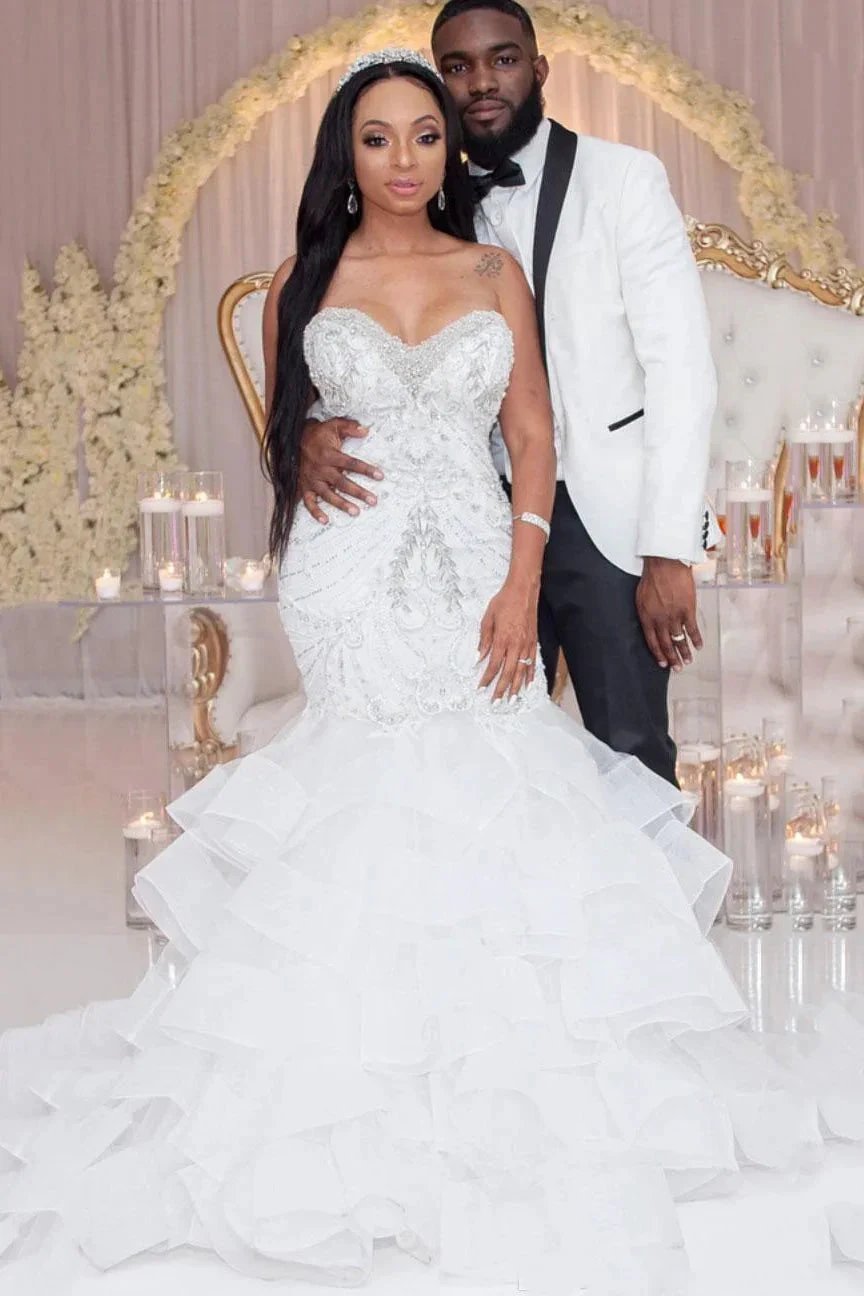 Luxury Long Mermaid Sweetheart Strapless Ruffles Beaded Crystal Wedding Dress (ZD16684) - VelvetHem