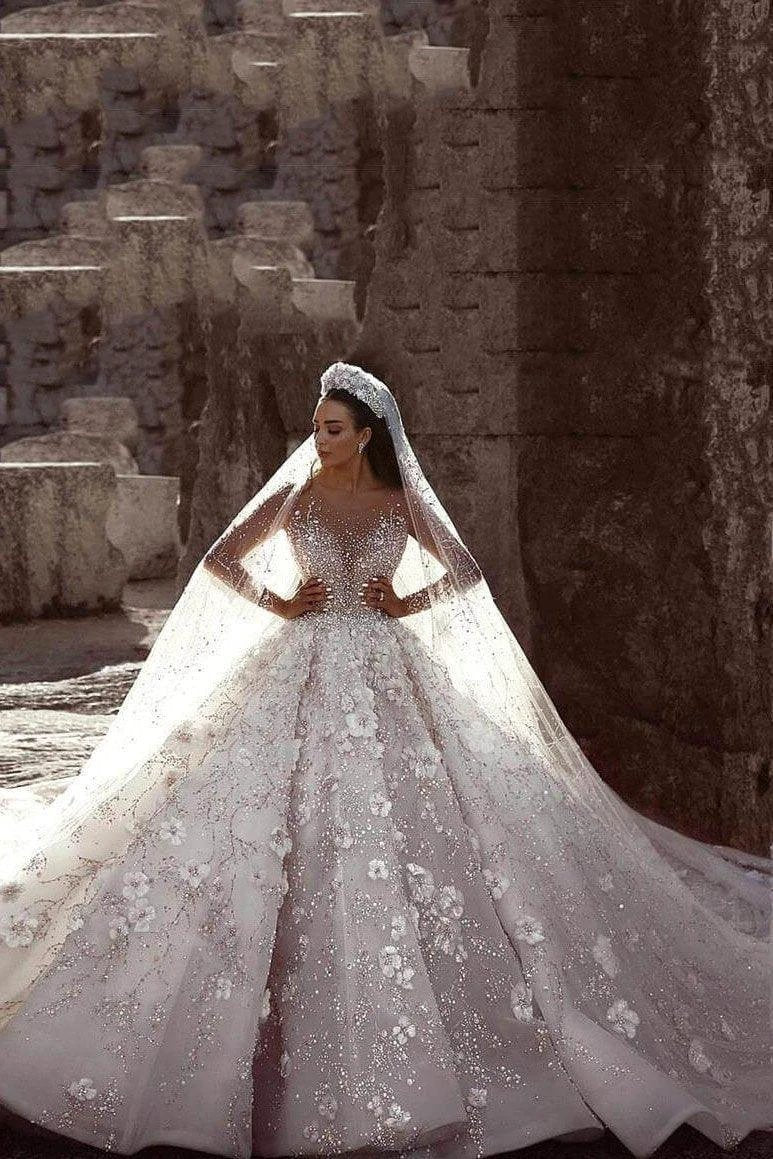 Luxury Long Sleeve Lace Ball Gown Beaded Wedding Dress (ZD15839) - VelvetHem