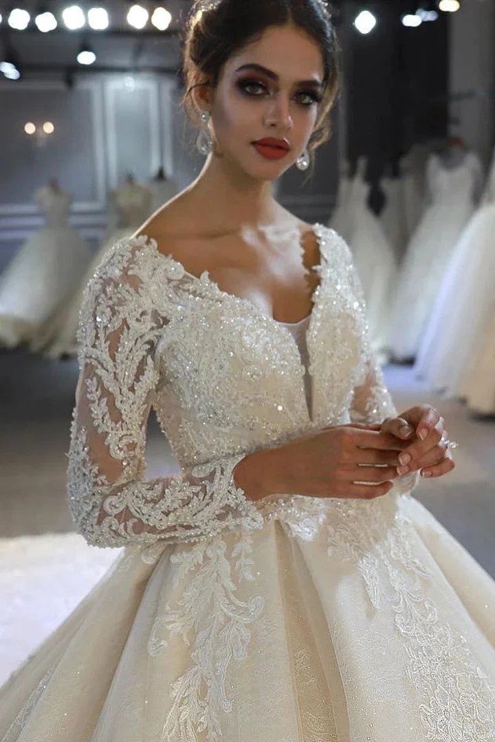 Luxury Long Sleeves Deep V-Neck Princess Ball Gown Garden Bridal Dress (ZD14700)