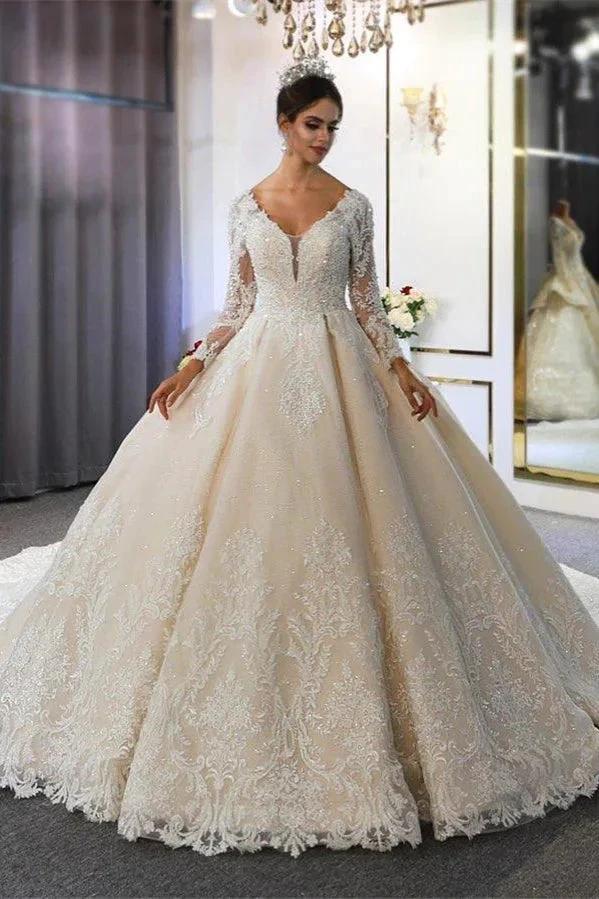 Luxury Long Sleeves Deep V-Neck Princess Ball Gown Garden Bridal Dress (ZD14700)