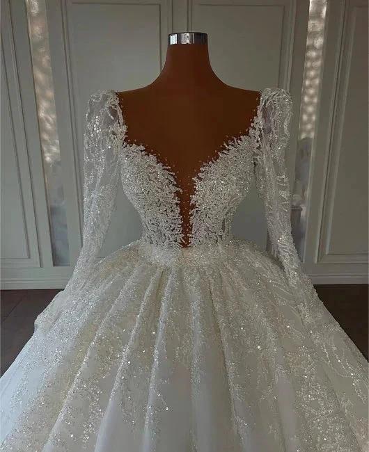Luxury Princess A-line V-neck Lace Wedding Dresses With Long Sleeves (ZD16447)