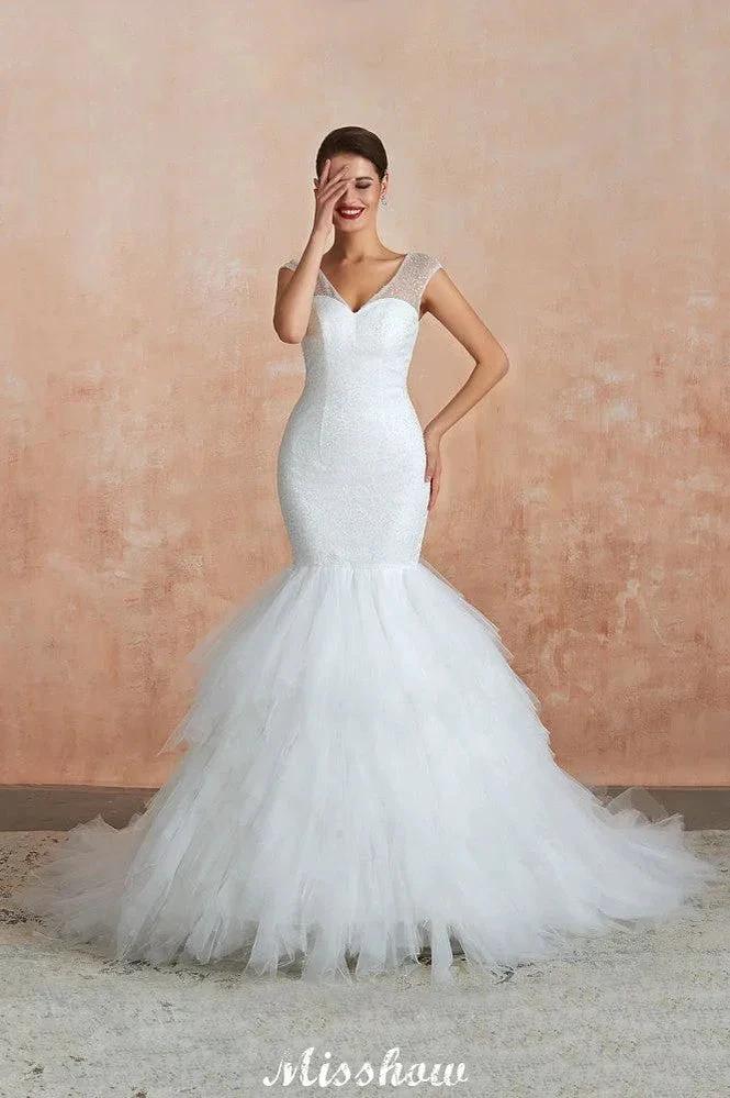 Luxury V-Neck Cap Sleeve Beach Lace up White Bridal Gowns with Sequins by misshow.com