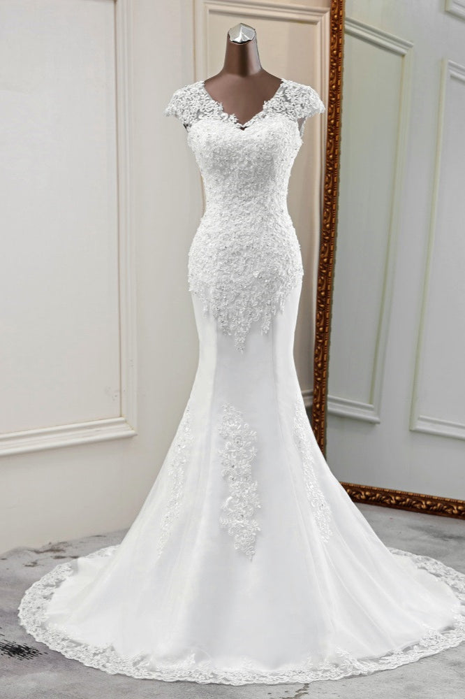 Luxury V-Neck Sleeveless White Lace Mermaid Wedding Dresses with Appliques (ZD17425) - VelvetHem