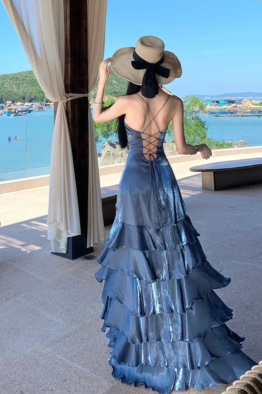 Elegant Deep Slate Blue Spaghetti Strap High-Slit Crisscross Lace-Up Open Back Tiered Satin Long Prom Dress Evening Dress