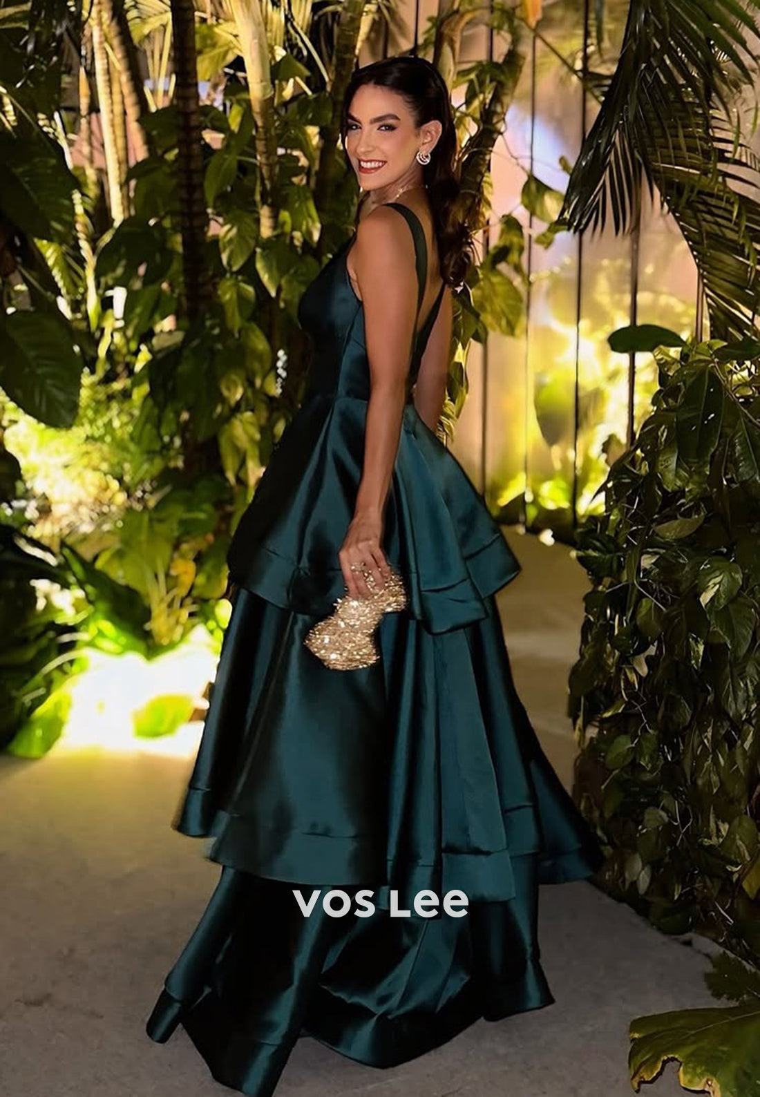 Dark Green V-Neck Tiered Women A-Line Satin Evening Dress Formal Party Gown - View 3 | VelvetHem