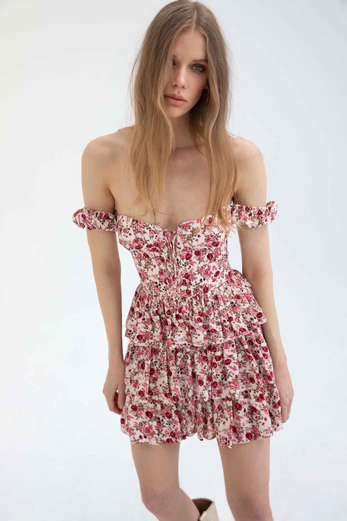 Vera Minimalist Printed Tiered Mini Dress with Corset Premium Wardrobe Essential