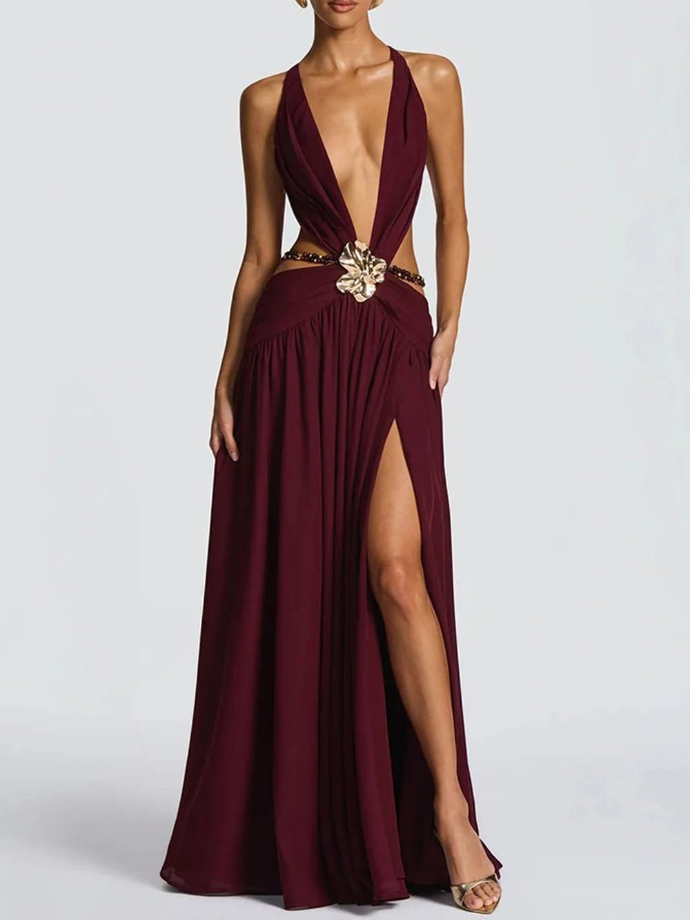 Marina Deep V Buckle Maxi Dress - Fashion Pov