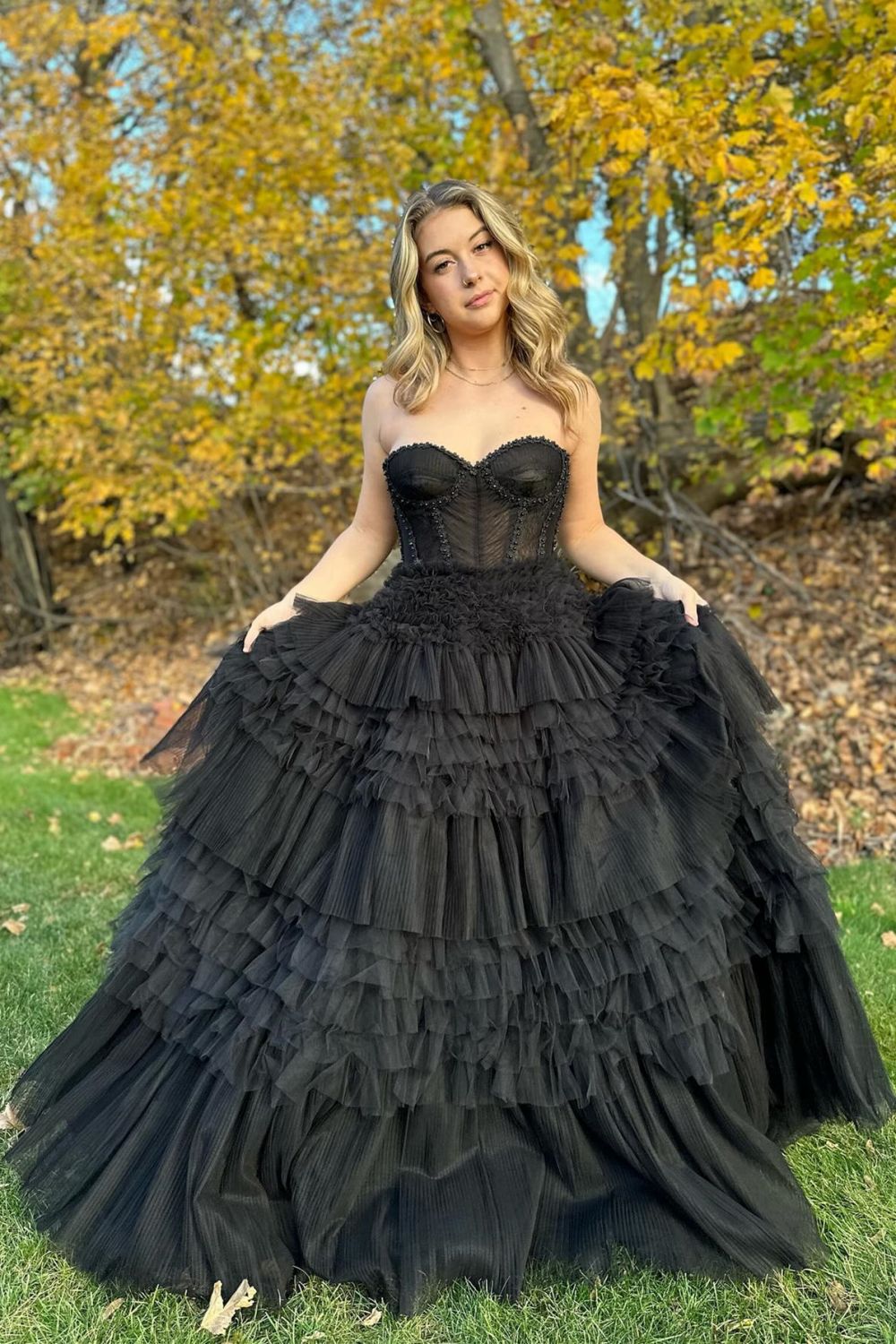 Princess A Line Sweetheart Black Corset Prom Dress with Ruffles - VelvetHem