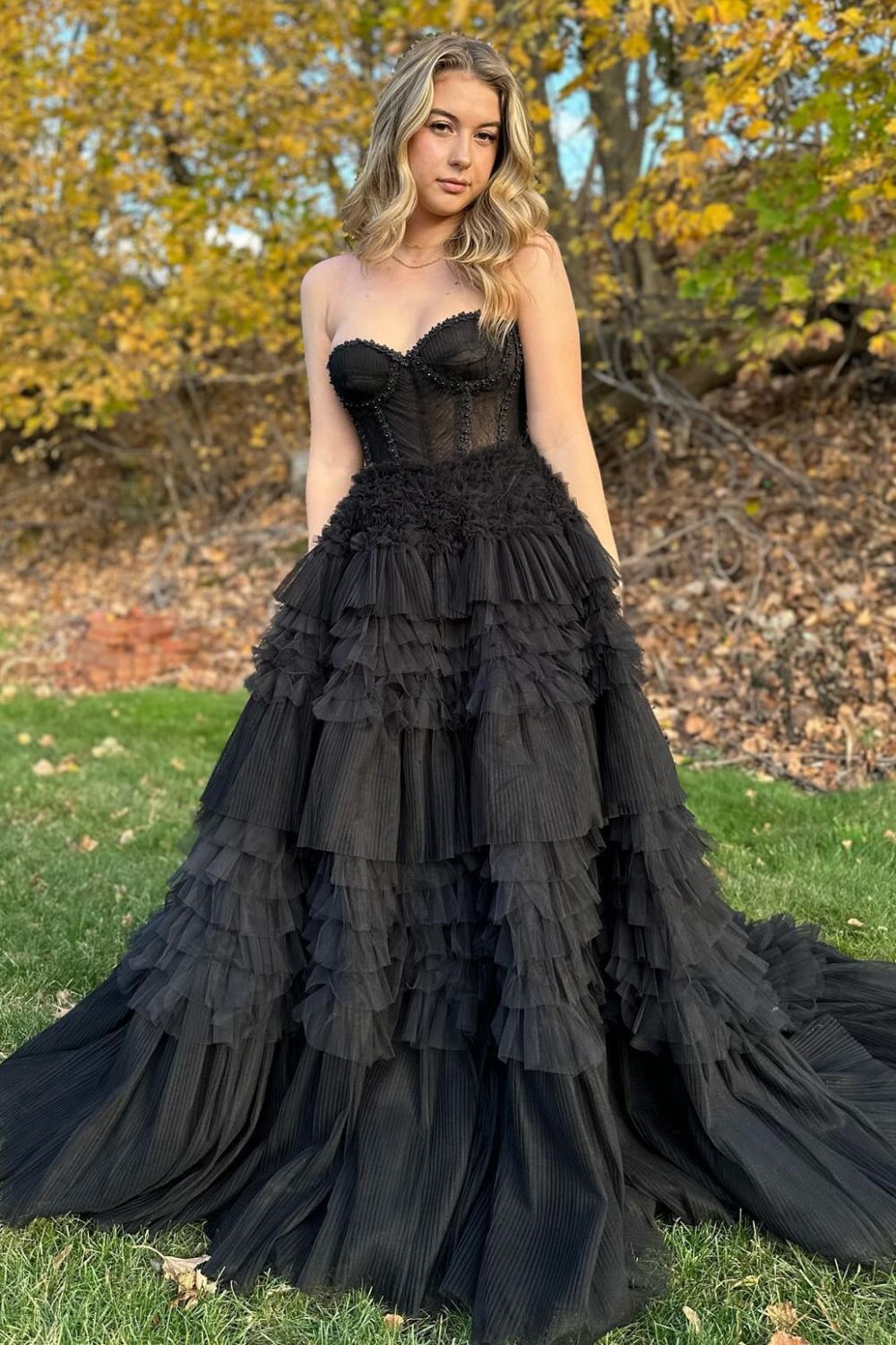 Princess A Line Sweetheart Black Corset Prom Dress with Ruffles - View 2 | VelvetHem