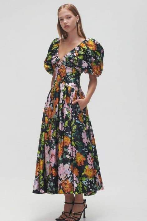 Melisa Premium Printed Midi Dress with V Neck and Puff Sleeves Elevated Occasion Wear