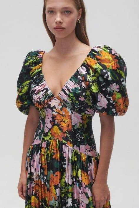 Melisa Premium Printed Midi Dress with V Neck and Puff Sleeves Elevated Occasion Wear