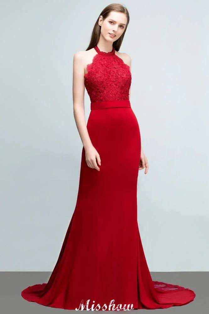 Mermaid Charmeuse Lace Halter SleevelessBridesmaid Dress Floor-Length Prom Dress (ZD12924)