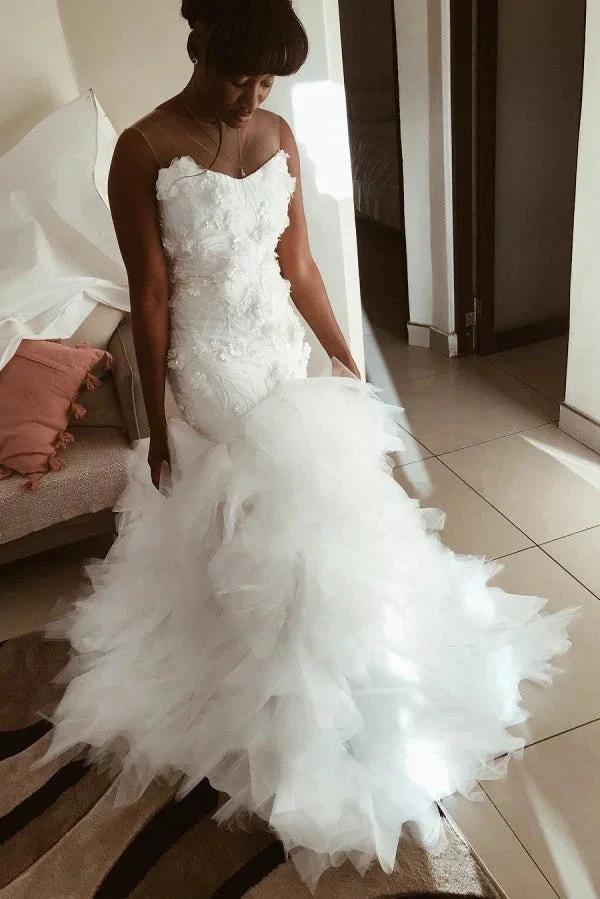 Mermaid Floral Appliques Ruffless Wedding Dress Sheer Tulle Backless Sleeveless Bridal Wears (ZD13829) - VelvetHem