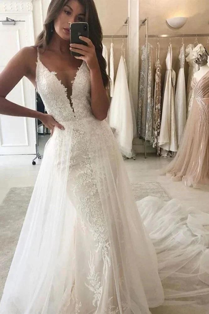 Mermaid Garden Bridal Gown Wedding Dress V-Neck Straps Detachable Train (ZD13834) - VelvetHem