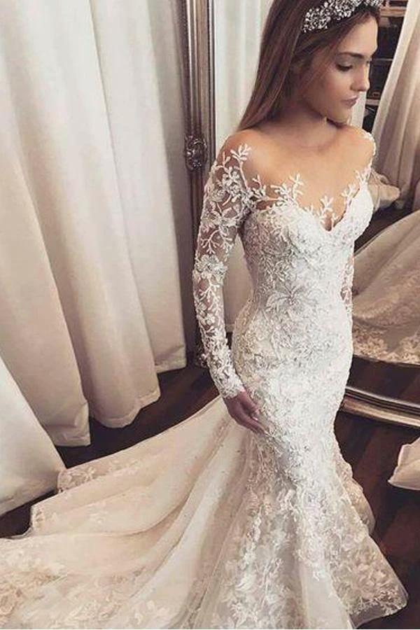 Mermaid Ivory Lace Sweep/Brush Train Scoop Long Sleeve Wedding Dress (ZD15288)
