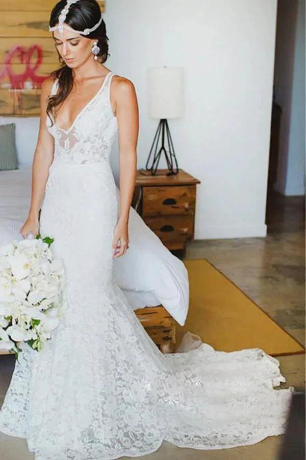 Mermaid Lace V-neck Court Train Beach Wedding Dress (ZD15447) - VelvetHem