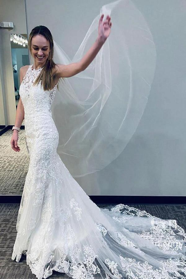 Mermaid Lace Wedding Gown With Semi-Cathedral Train Racer Back Wedding Dress (ZD15290) - VelvetHem