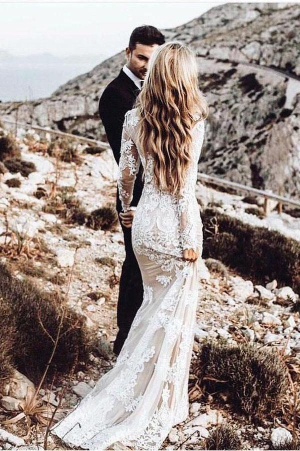 Mermaid Long Sleeve Lace Boho Wedding Dresses Rustic Bridal Gown (ZD16319) - VelvetHem
