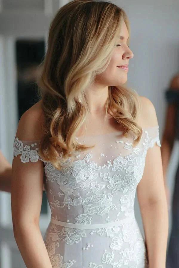 Mermaid Off-the-Shoulder Court Train Tulle Wedding Dress with Appliques (ZD15446)