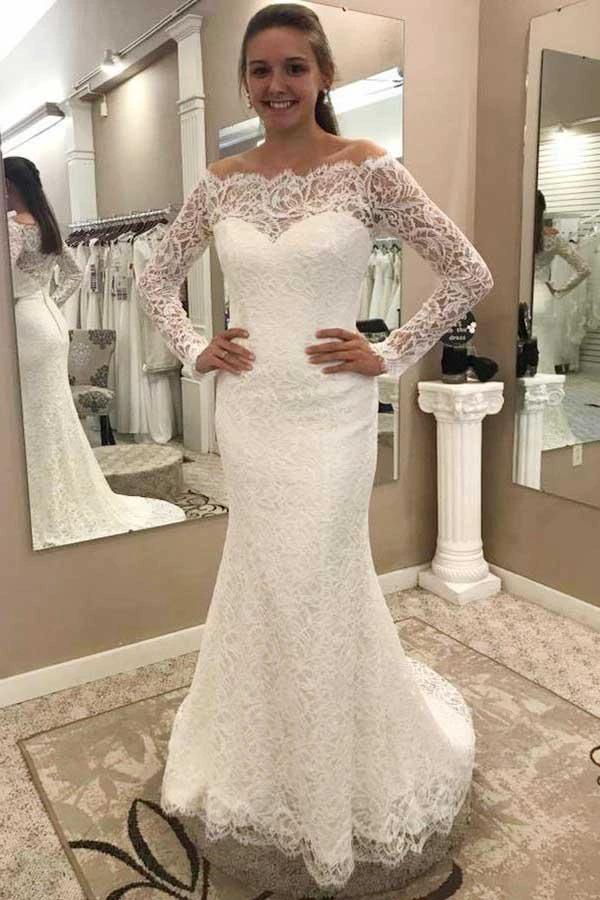 Mermaid Off-the-Shoulder Lace Wedding Dress with Long Sleeves (ZD15445) - VelvetHem