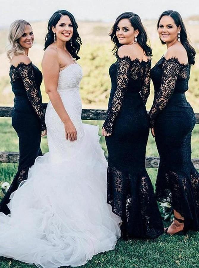 Mermaid Off-the-Shoulder Navy Blue Bridesmaid Dress with Lace (ZD13242)