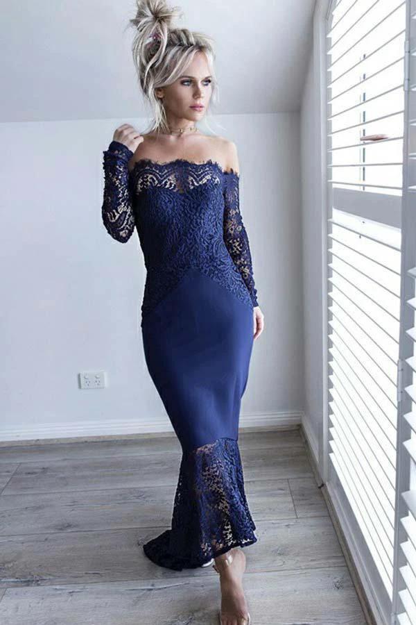 Mermaid Off-the-Shoulder Navy Blue Bridesmaid Dress with Lace (ZD13242) - VelvetHem