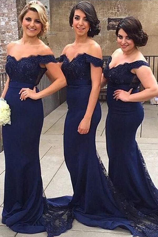Mermaid Off-the-Shoulder Sweep Train Navy Blue Bridesmaid/Prom Dress (ZD13207) - VelvetHem
