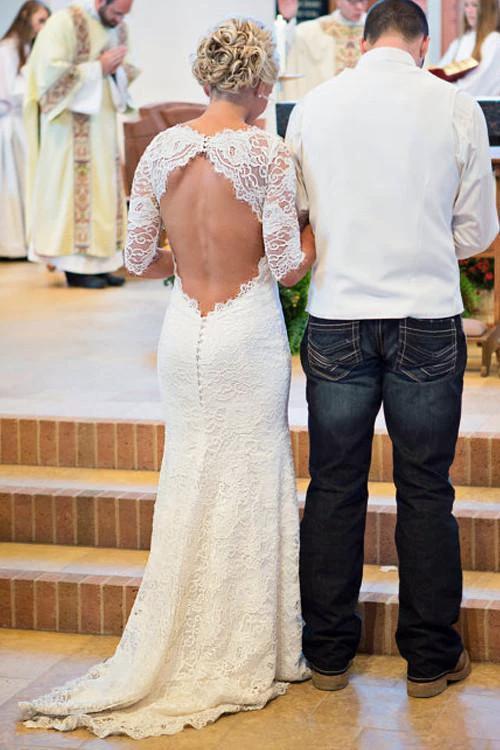 Mermaid Scoop Open Back Long Sleeves Wedding Dresses With Appliques (ZD15444)