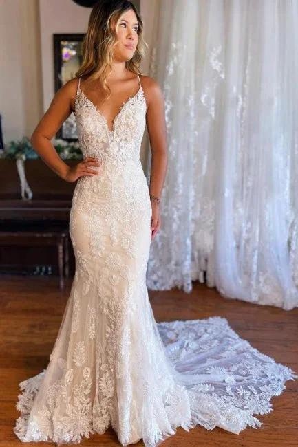 Mermaid Spaghetti Straps V-neck Backless Lace Wedding Dresses (ZD16400) - VelvetHem