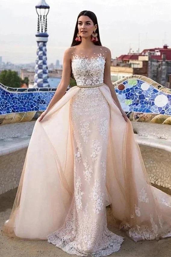 Mermaid \ Trumpet Jewel Neck Chapel Train Lace Tulle Lace Over Satin Regular Straps Formal See-Through Wedding Dresses (ZD16572) - VelvetHem