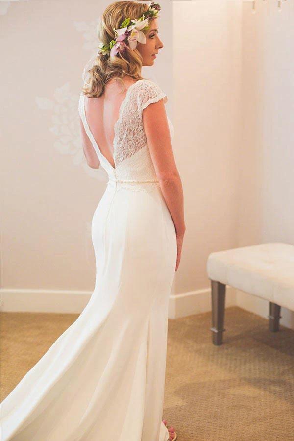 Mermaid V-Neck Court Train Low Cut Satin Wedding Dress with Lace (ZD15408) - VelvetHem