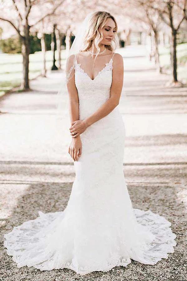 Mermaid V-Neck Sweep Train Sleeveless Lace Wedding Dress (ZD15388) - VelvetHem
