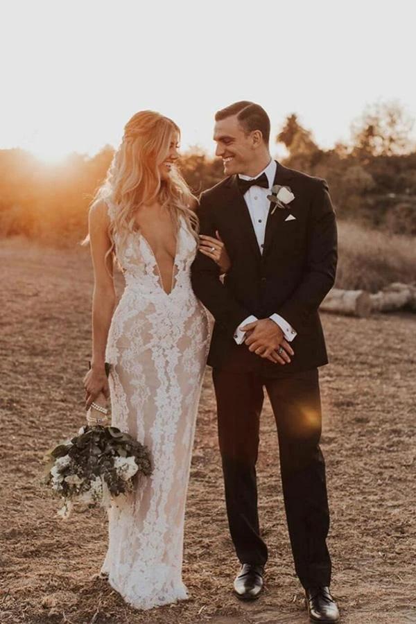 Mermaid/Trumpet Deep V-neck Lace Boho Wedding Dress Bridal Gown (ZD16001) - VelvetHem
