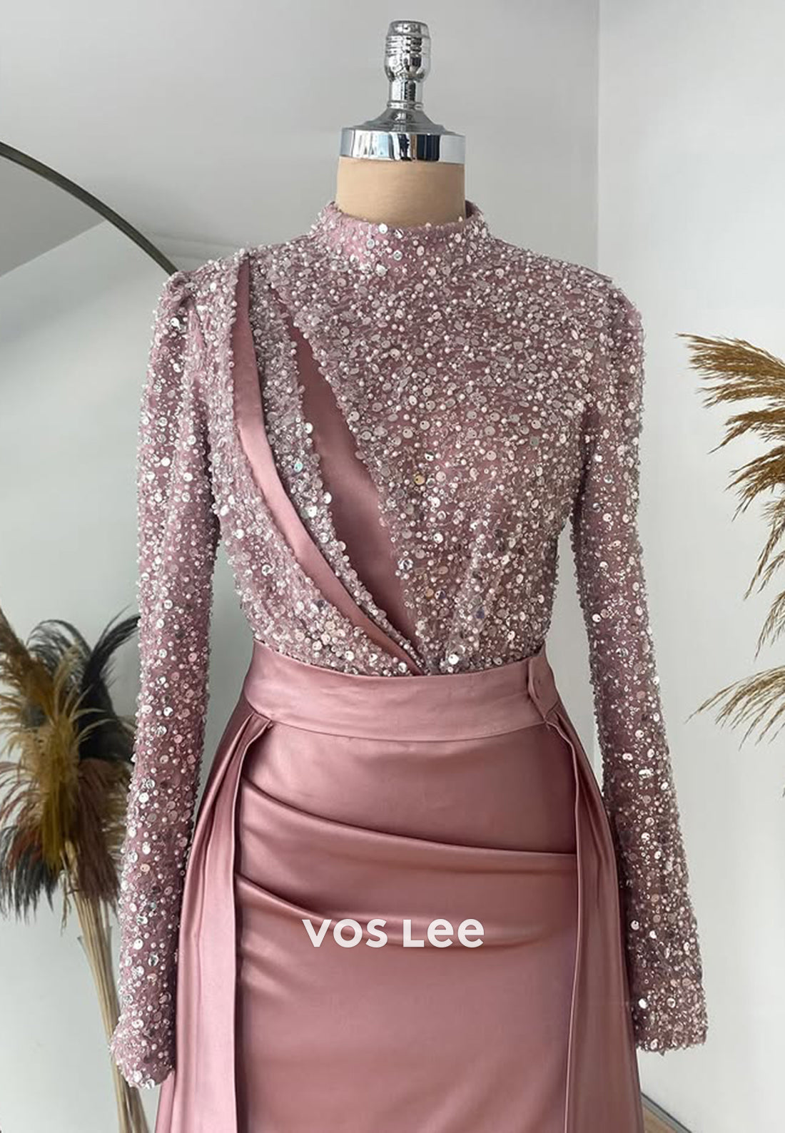 Sparkle Sequined Long Sleeves Evening Dress Classic Satin Formal Party Gown - View 2 | VelvetHem