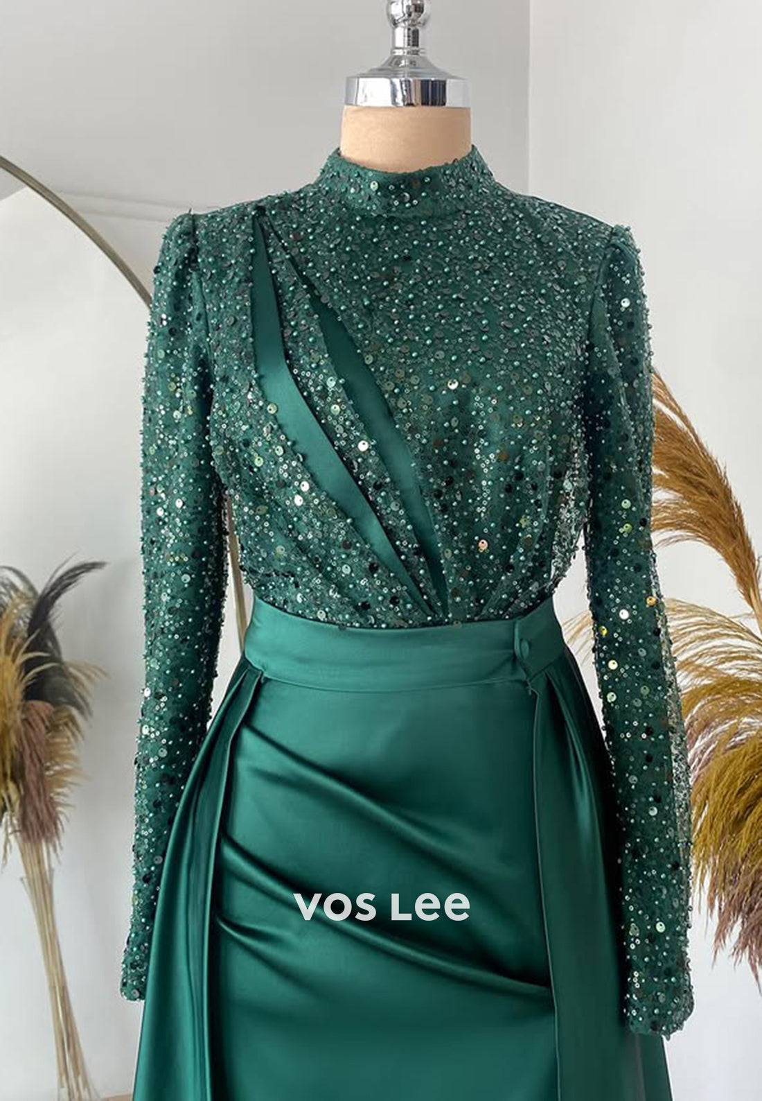 Sparkle Sequined Long Sleeves Evening Dress Classic Satin Formal Party Gown - View 5 | VelvetHem