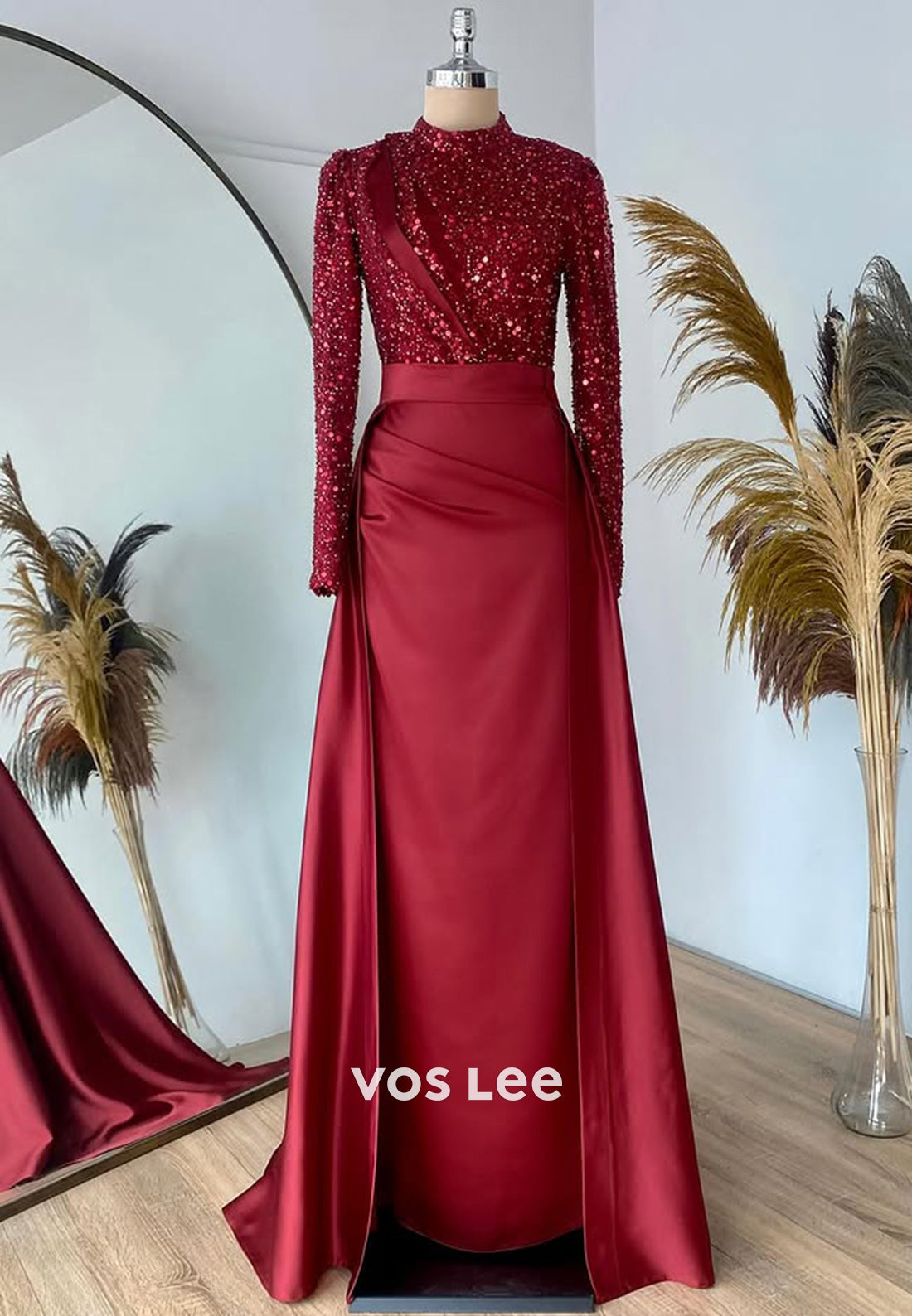 Sparkle Sequined Long Sleeves Evening Dress Classic Satin Formal Party Gown - View 6 | VelvetHem