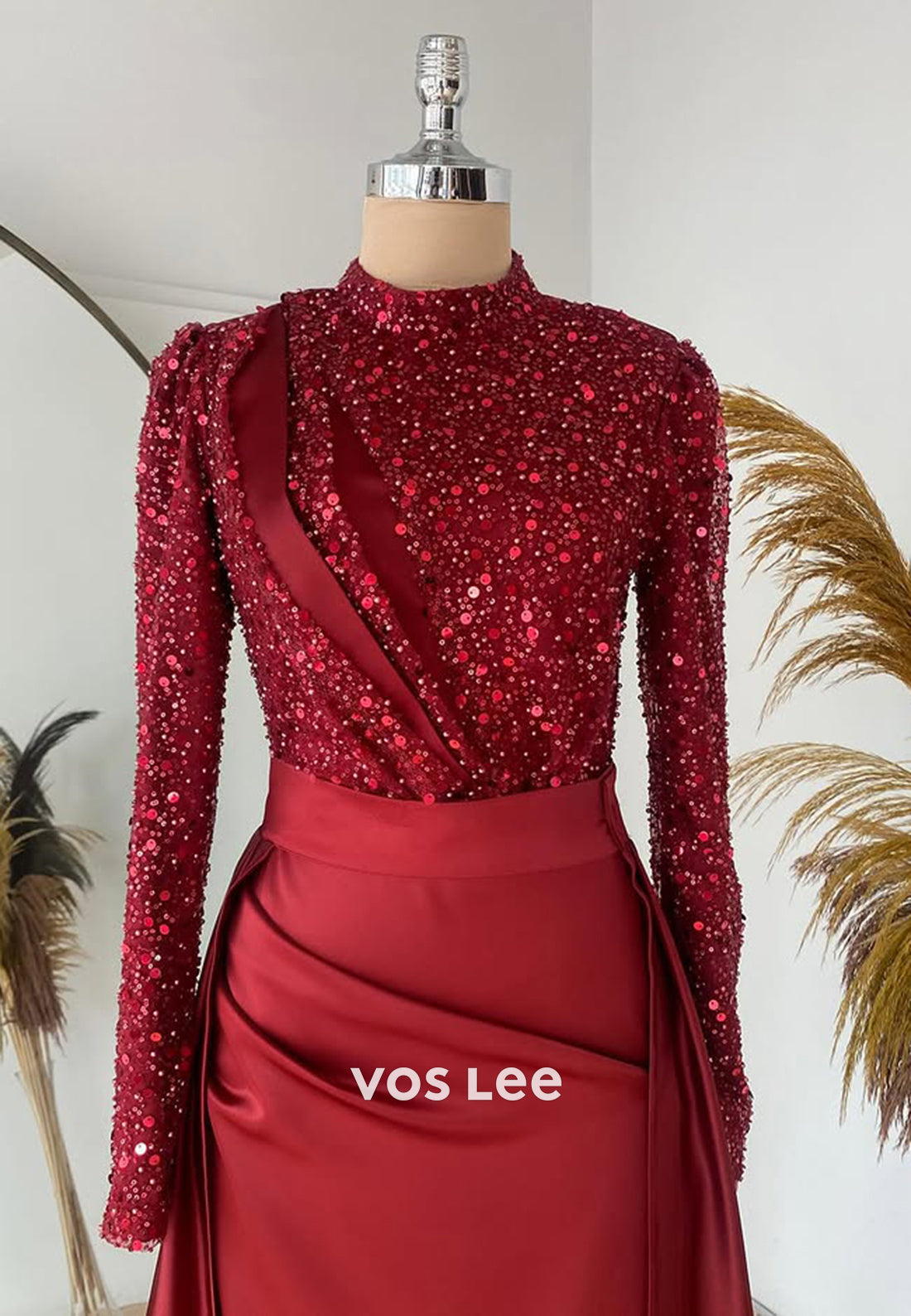 Sparkle Sequined Long Sleeves Evening Dress Classic Satin Formal Party Gown - View 7 | VelvetHem