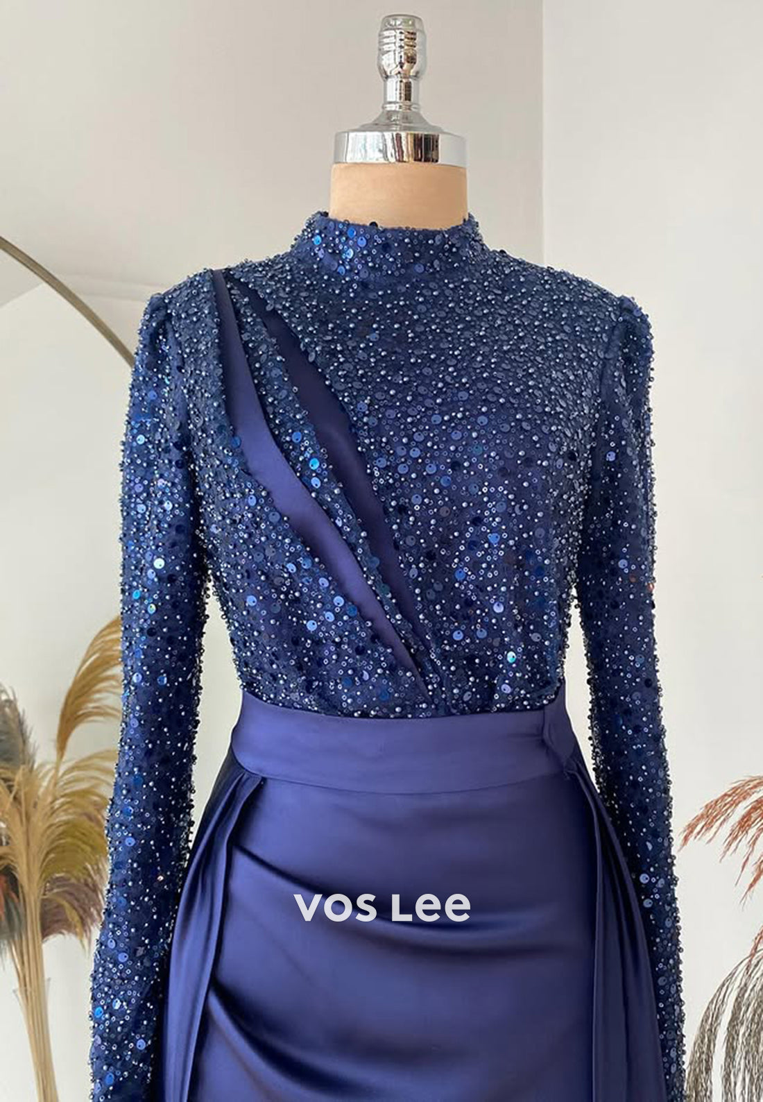 Sparkle Sequined Long Sleeves Evening Dress Classic Satin Formal Party Gown - View 8 | VelvetHem