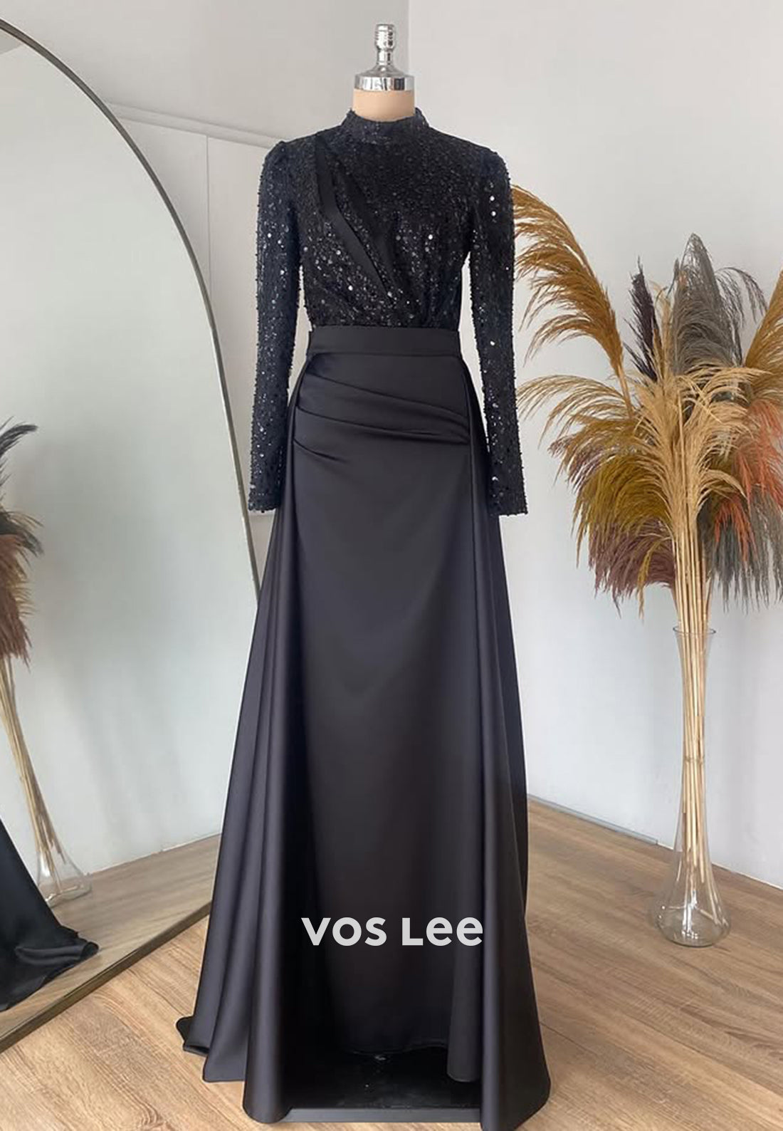 Sparkle Sequined Long Sleeves Evening Dress Classic Satin Formal Party Gown - View 3 | VelvetHem