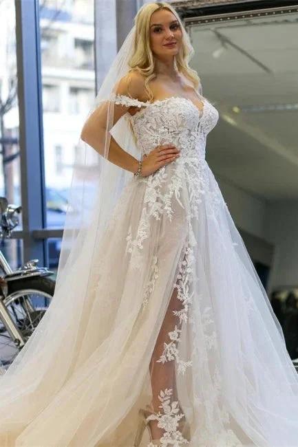 Modern A-line Off-the-shoulder Sleeveless Wedding Dresses With Lace (ZD14921) - VelvetHem