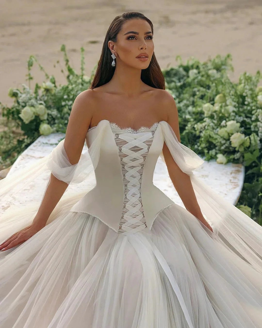 Modern Long A-line Off-the-shoulder Sleeveless Tulle Corset Wedding Dress (ZD14808)